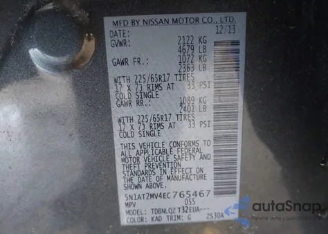 2014 Nissan Rogue Sv z USA, uszkodzony, nr VIN 5N1AT2MV4EC765467